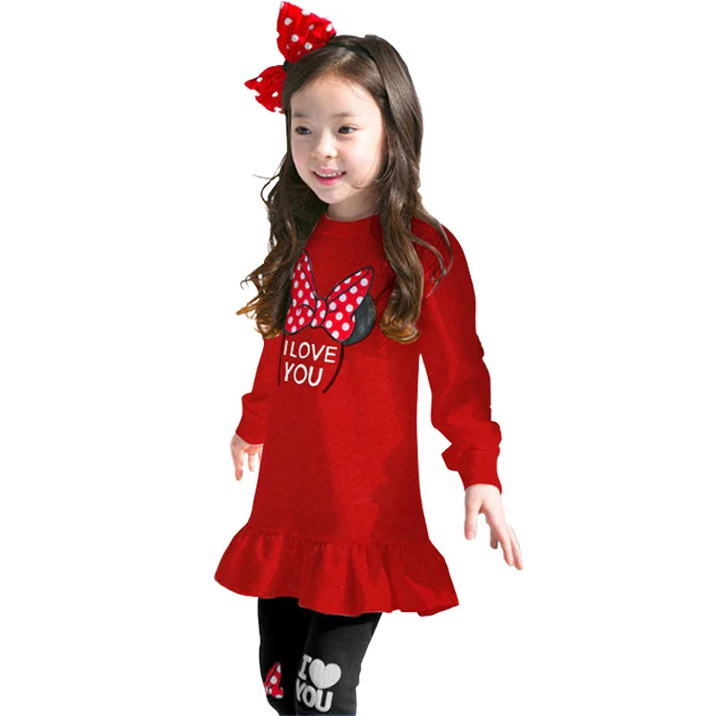 Одежда для девочек 3, 4, 5, 6, 7, 8 лет, хлопковый комплект одежды для детей с героями мультфильмов, рубашки с длинными рукавами, леггинсы, детские костюмы из 2 предметов для девочек - Color: Red