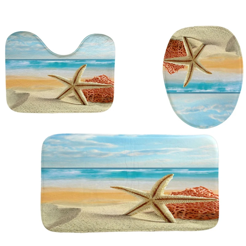 

4PCS Home Bathroom Decor Set Beach Starfish Pattern Toilet Seat Cover Bath Mat Set+Waterproof Shower Curtain