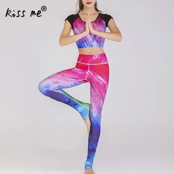 

Women Sportswear Yoga Suit Set Breathable Rainbow Pattern Yoga Suit Gym High Waist Sport Suit Fitness Running Suit Short Sleeve