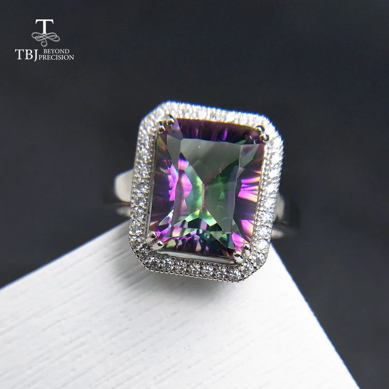 

TBJ,rainbow fire mystic coated quartz 9*11 simple and elegant gemstone ring in 925 sterling silver fine jewelry for girl as gift