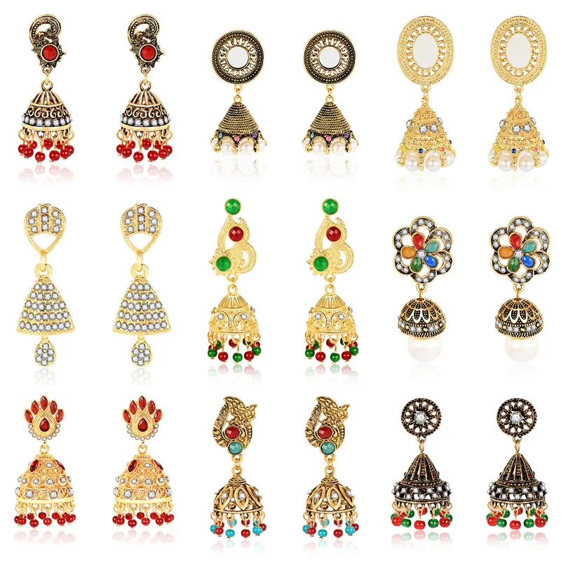 

ZHINI 2/PCS Transmit love Retro Ethnic India Earrings Femme fashion Gold Color Zircon Lantern Drop Earrings For Women Jewelry