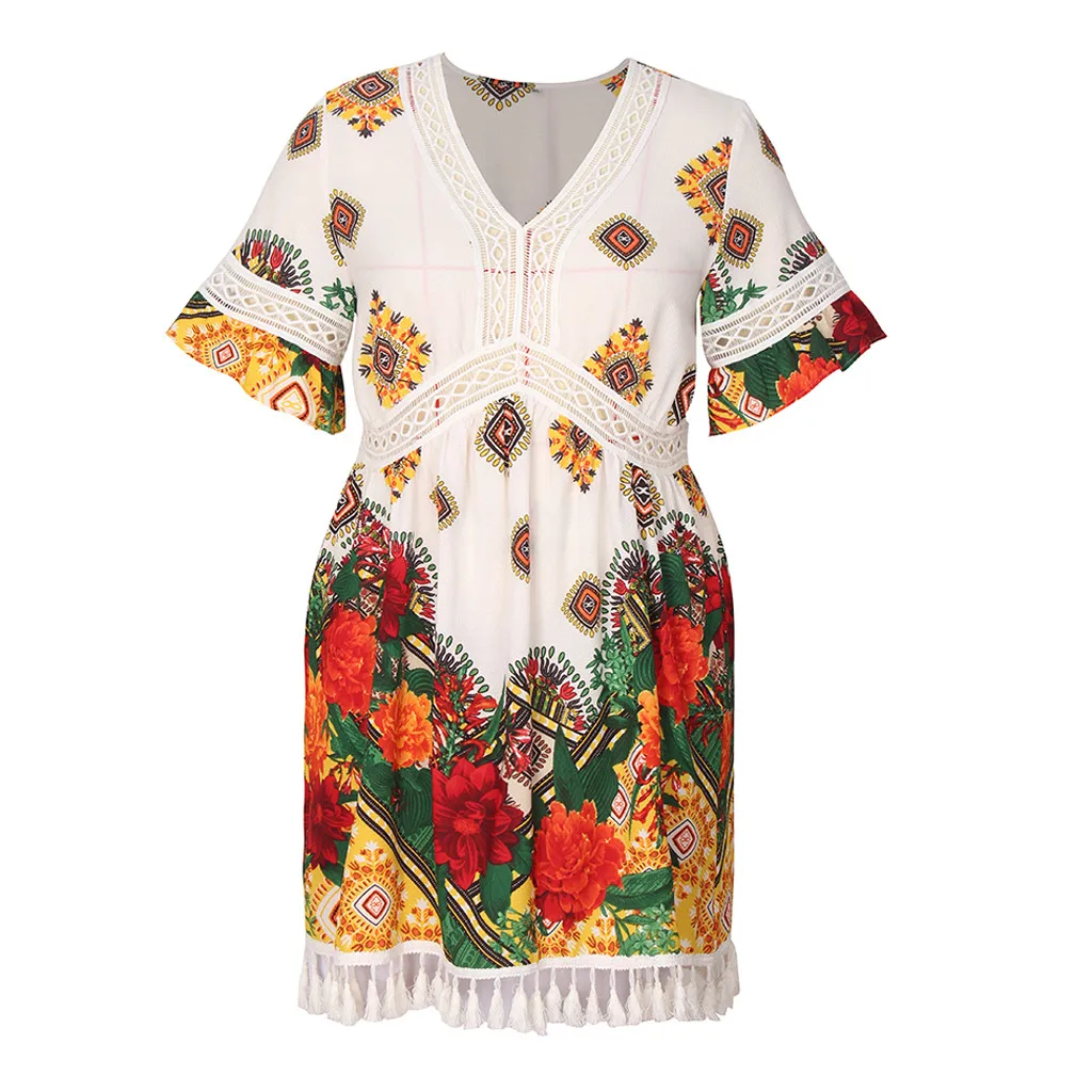 Plus Size Women Summer Dress Bohemian Floral Print Tassels Short Sleeve Dress Vintage Women V-Neck Beach Dresses roupas feminina