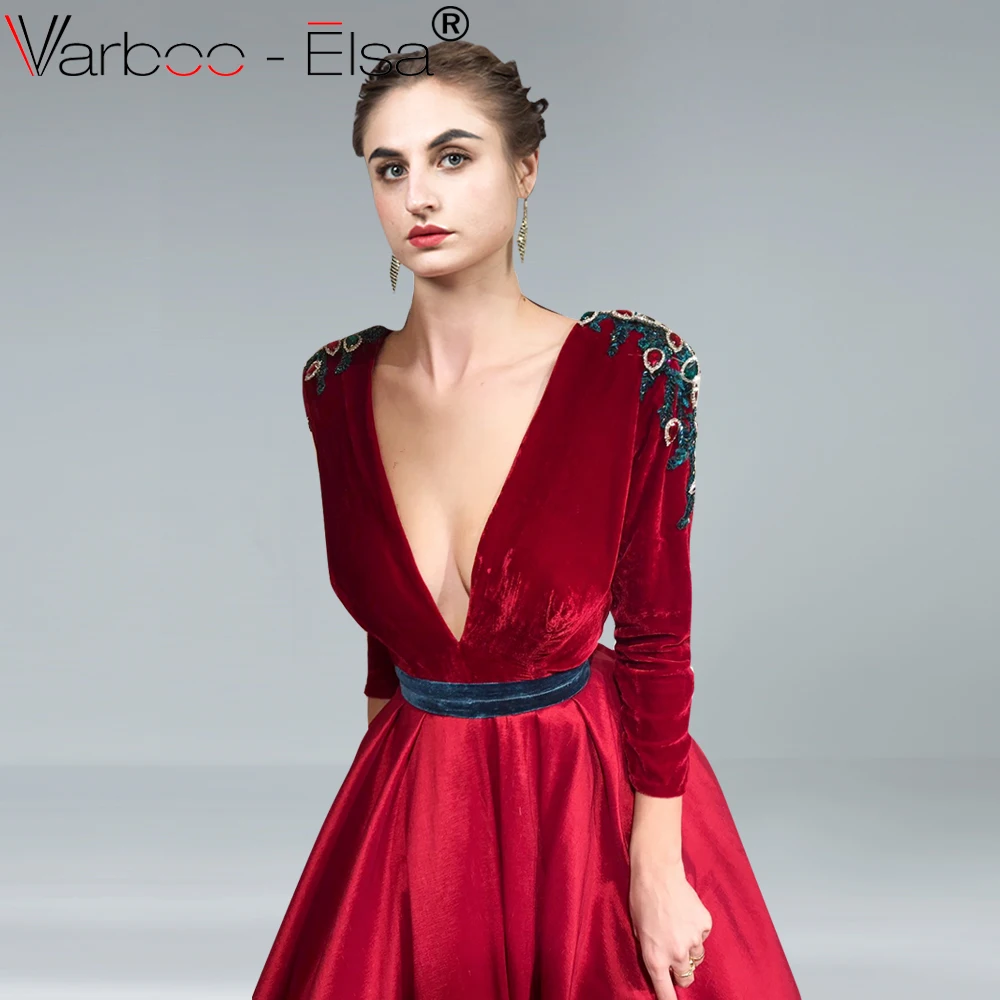 VARBOO_ELSA элегантное вечернее платье цвет красного вина; Robe De Soiree V образным вырезом без рукавов трапециевидной формы пол Длина велюровые Сексуальные вечерние платье для выпускного вечера