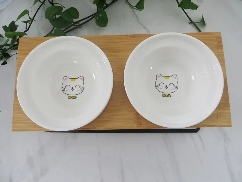 Новая высококачественная миска для домашних животных, Бамбуковая полка, керамические миски для кормления и питья для собак и кошек, милая миска для кошек