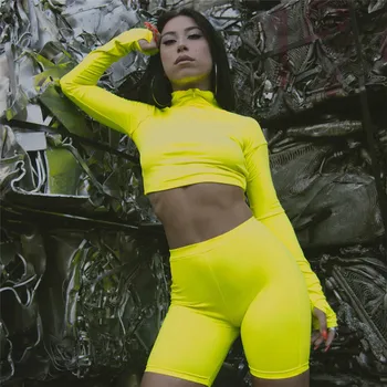 

Fluorescence Fitness Women Two Pieces Sets Full Sleeve Zipper Turtleneck Crop Tops And Elastic Shorts Bodycon Female Sports Sets