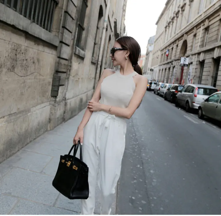 Summer Women Slim Knitting Halter Camisole Tops Female Bodycon Knitted Tanks Sleeveless Basic Solid T shirts 8017 black camisole