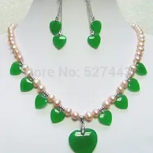 Для женщин подарок ювелирные изделия слово естественно тонкой натуральной розовый жемчуг зеленый камень Кулон Сердце застежка Цепочки и ожерелья Серьги-серебро-ювелирные изделия
