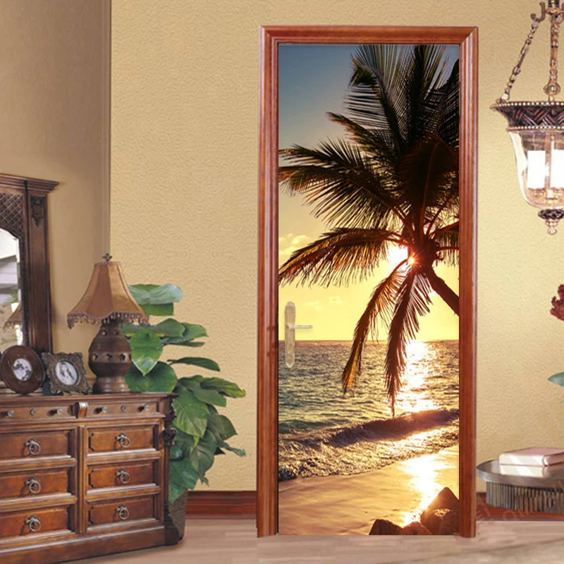 

3D Door Stickers PVC Adhesive Coconut Tree Canvas Print Picture Home Decoration Waterproof Mural Decal For Living Room Bedroom