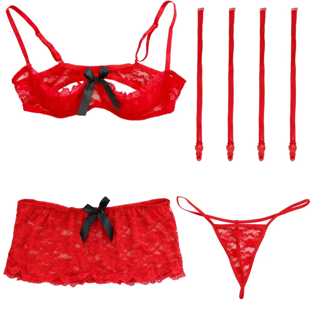 Red Пикантное женское нижнее белье Babydoll Набор белья кружевной открытый бюстгальтер с мини-юбкой стринги и подвязки наряды Экзотическая одежда для сна Ночное белье - Цвет: Red