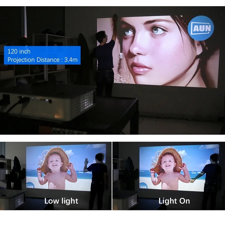 AUN Full HD proyector AKEY5. 1920x1080 P mejorado 3800-6000Lumen (pico) (opcional Android 6,0 LED proyector 4 K WIFI)