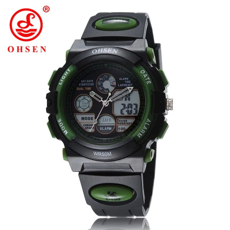 

OHSEN Brand LCD Dual Time Zone Wristwatch Mens Sports Watches Digital Waterproof Rubber Watch Women Children Clock reloj