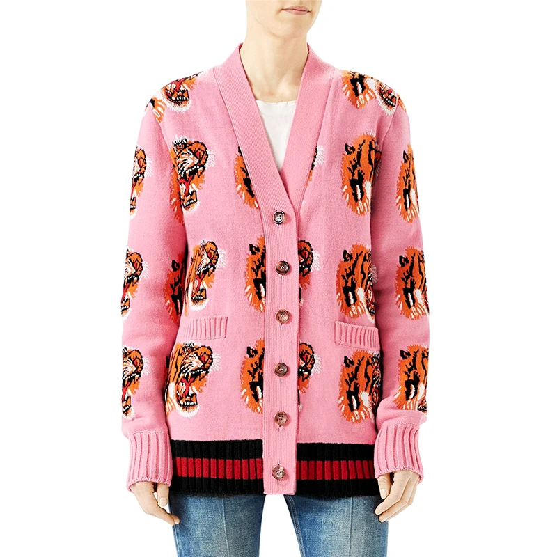

High Quality Wool Sweater Luxury Designer Brand Winter Cardigans Women Tiger Embroidery Knitted Sweater Blue Pink