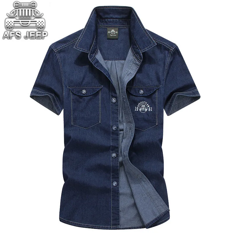 

Plus Size AFS ZDJP Brand Loose Mens Shirts Short Sleeve Denim Jeans Blue Cool Summer Free Style Breathable 100% Natural Cotton