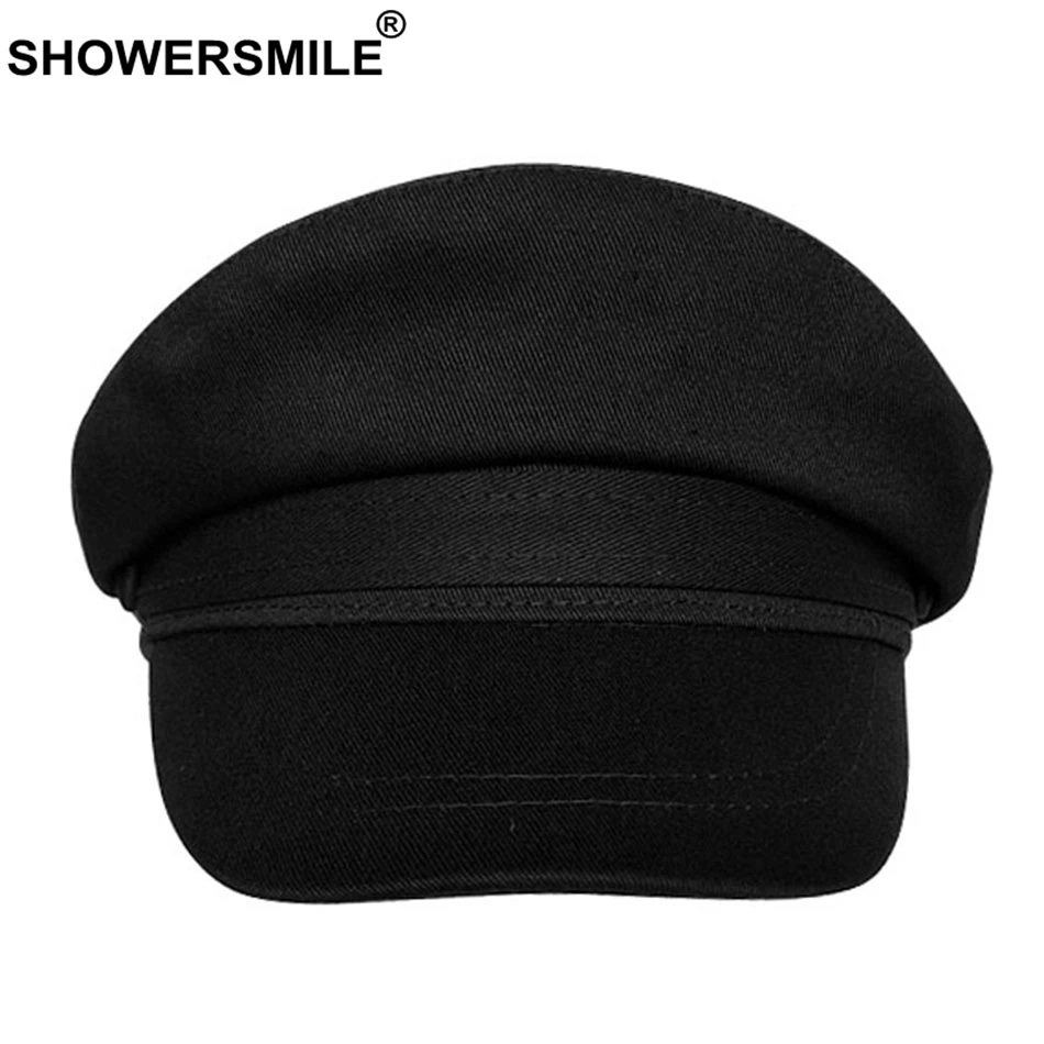 SHOWERSMILE, военная Кепка, женская, черная, хлопок, лен, плоский верх, шляпа, женская, Классическая, однотонная, пекарская Кепка, весенняя, женская, Матросская, армейская Кепка s