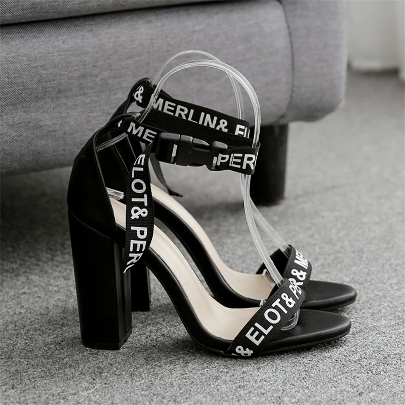

2019 Women Summer Buckle Strap 11.5cm High Heels Stripper Sandals Lady Pumps Female Thick Block Heels Knitting Letter Shoes