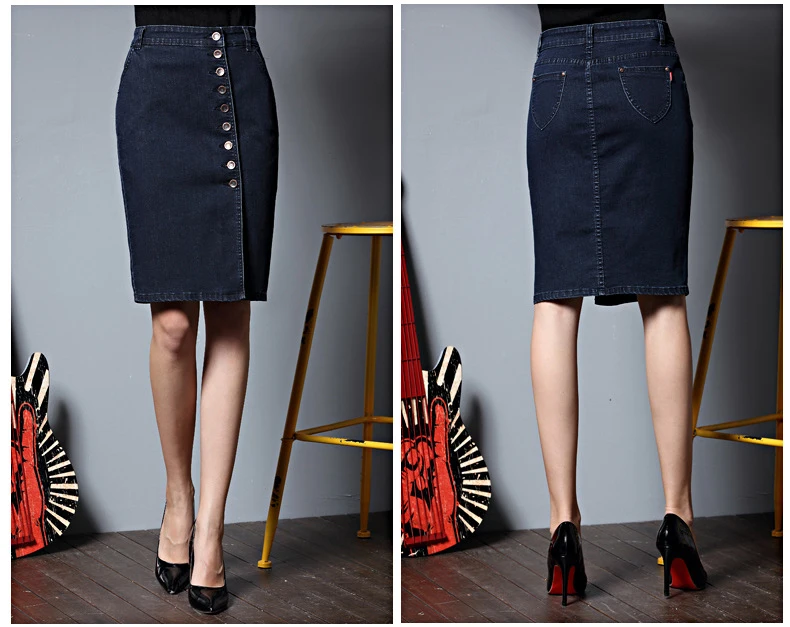 Lady’s Buttons Knee Lenght Pencil Denim Skirt