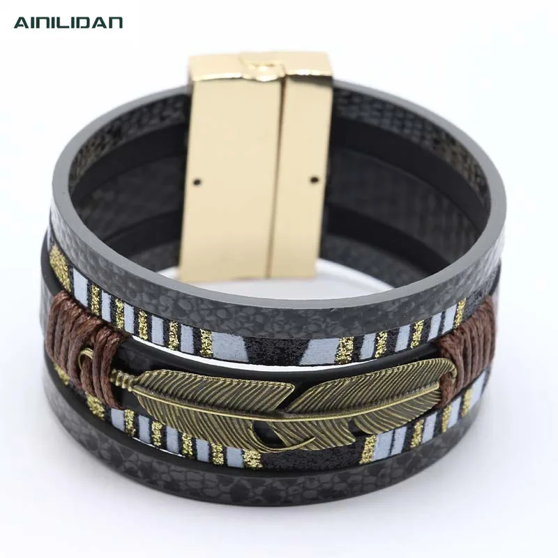 AINILIDAN Fashion Magnetic Button Leather Bracelets Handmade Braided Multilayer Wristband Bronze Feather Bracelet Bangles | Украшения и