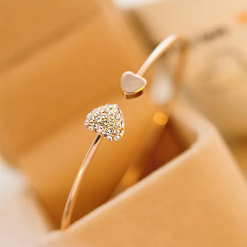 

NS53 Hot New Fashion adjustable Crystal Double Heart Bow bilezik Cuff Opening Bracelet Women Jewelry Gift mujer pulseras