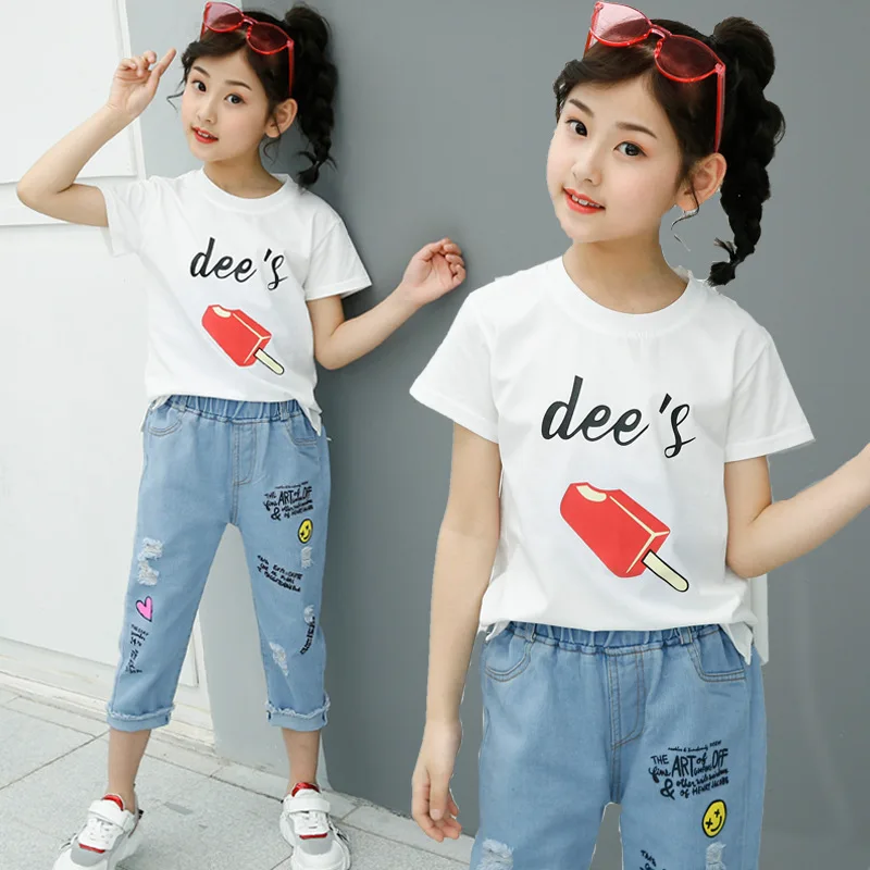 

Teenage Girls Clothing Sets Summer Girls Clothes T-shirt+Jeans 2pcs Outfit Kids Clothes For Girls Sport Suit Children Clothing