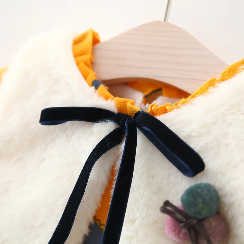 Осенне-зимняя одежда для маленьких девочек вельветовое платье с длинными рукавами и цветочным рисунком Модный меховой жилет детская одежда из 2 предметов