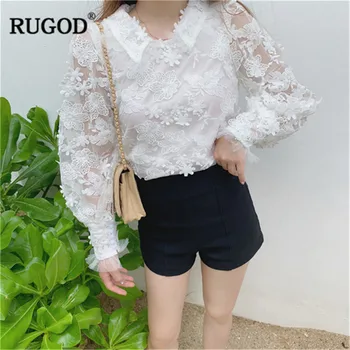 

RUGOD Elegant women blouses lace hollow out lantern sleeves peter pan collar patchwork fashion korean style modis femme tops