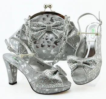 

Butterfly lovely silver italian shoes and bag matching set 2019 new fashion african aso ebi shoes and bag set in silver SB8397-2