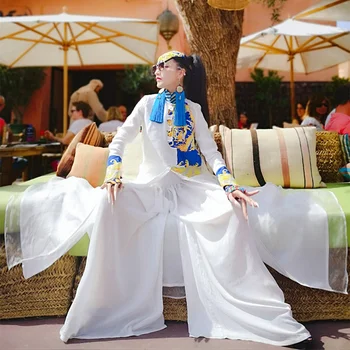 

Vintage Women Cotton Linen Embroidery Dragon Robe Gowns Chinese Style Improved Long Sleeve Banquet Fashion Formal Dress S-XL