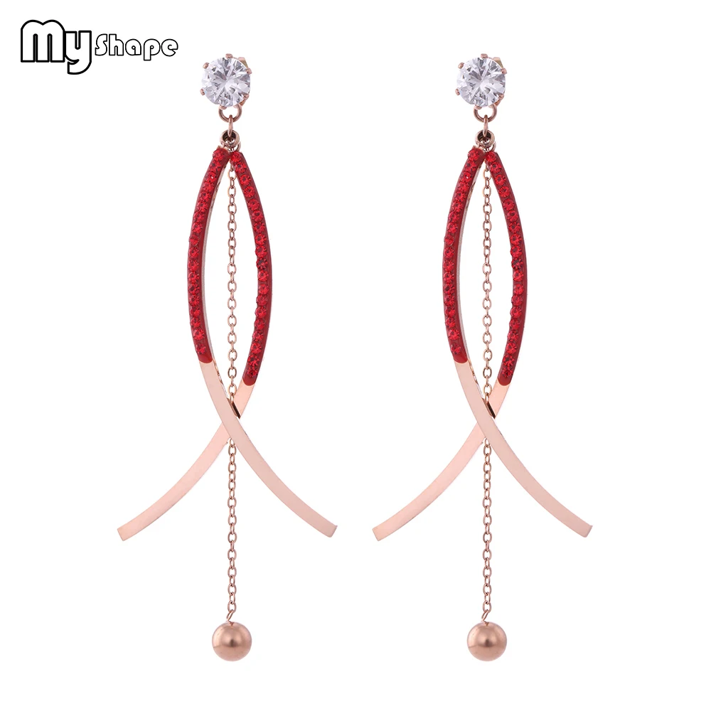 

My Shape Small Bead Ball Long Drop Earrings Red Crystal Fish Shape Earrings Gold Stainless Steel Metal Ear Accessories 2019 New