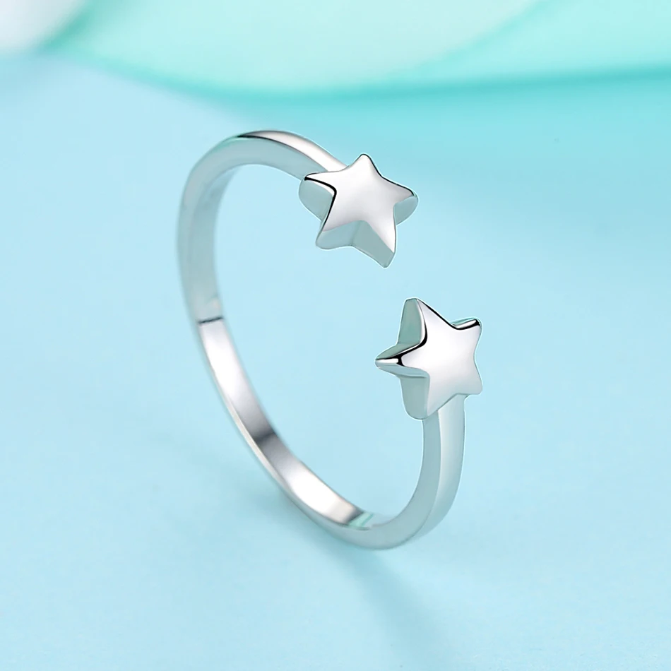ELESHE 100% 925 Sterling Silver Finger Rings For Women Double Star Design Vintage Silver Jewelry Open Ring For Lover Best Gifts