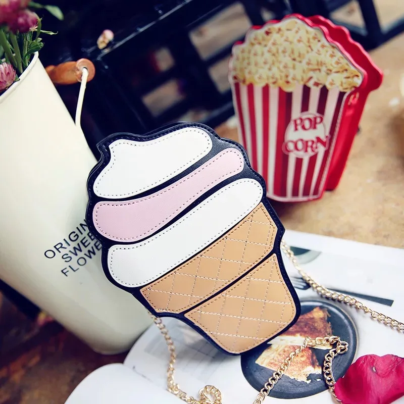 NEW Creative Style Woman Hamburger Ice Cream Cupcake PU Chains bags Cute Cartoon Hamburger Popcorn Fries 3D Messenger Bags H