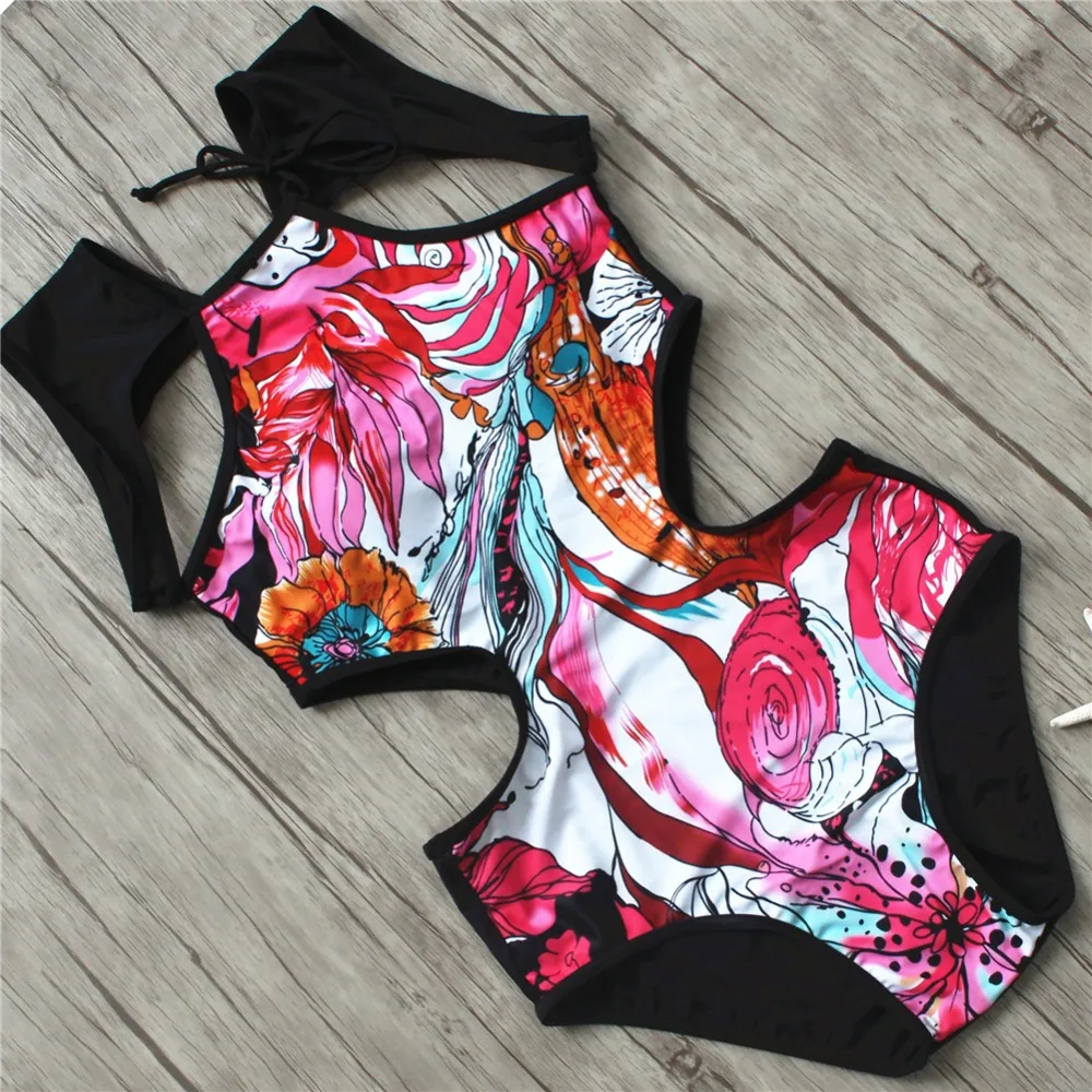 Plus size swimwear One Piece Swimsuit Women Swimwear Tie Front Cutout