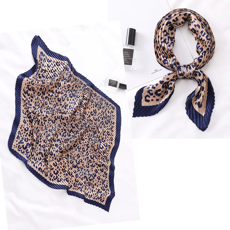 

Women's Small Silk Square Scarf Crinkle Hair Scarfs for Ladies Pleated Scarves Leopardo Printed Female Bandana Foulard 100*30CM