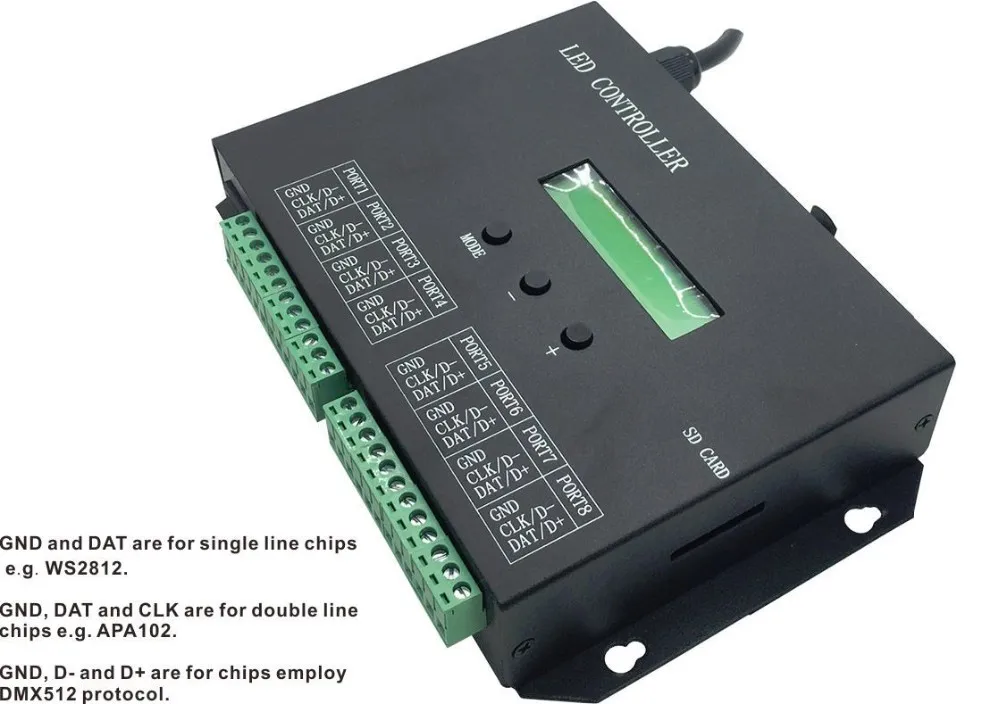 H803SA; 8 портов off-line/Автономный/SD карты/полноцветный светодиодный контроллер пикселей; 8192 пикселей, можно подключить DMX консоль, поддержка многих чипы
