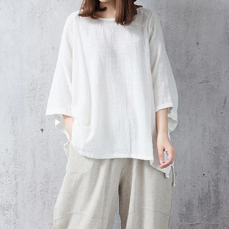 Cotton Linen Casual O-Neck Long Loose Sleeve Blouse Ladies 2018 Women Oversize Batwing Sleeve Tops Loose Solid Blouse Plus Size