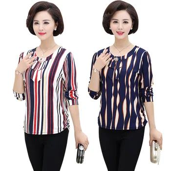 

Middle Age Women Floral Stripe Tee Clothes 2020 Spring Fall T Shirt Plus Size Mother Bow O-Neck Long Sleeve Tops Slim Pullover