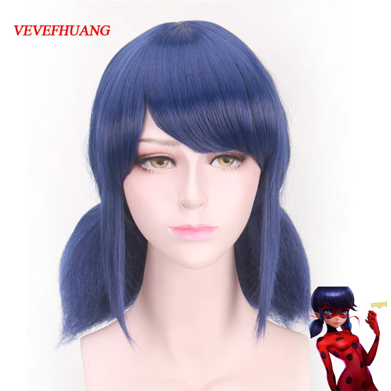 VEVEFHUANG Ladybug Wigs Peluca Marinette Girls Women Cosplay Double Ponytail Braids Short Straight Blue Hair