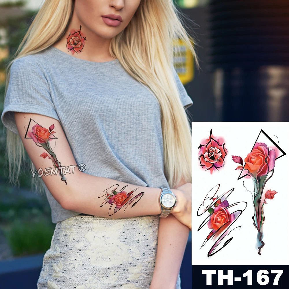 

Waterproof Temporary Tattoo Sticker Watercolor rose pattern Romantic line Water Transfer body art flash fake tatoo