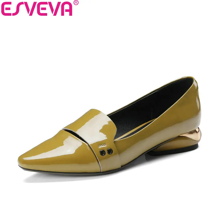 

ESVEVA 2018 Women Pumps Western Style Slip on Cow Patent Leather Low Heels Pointed Toe Square Heels Shoes for Women Size 34-42
