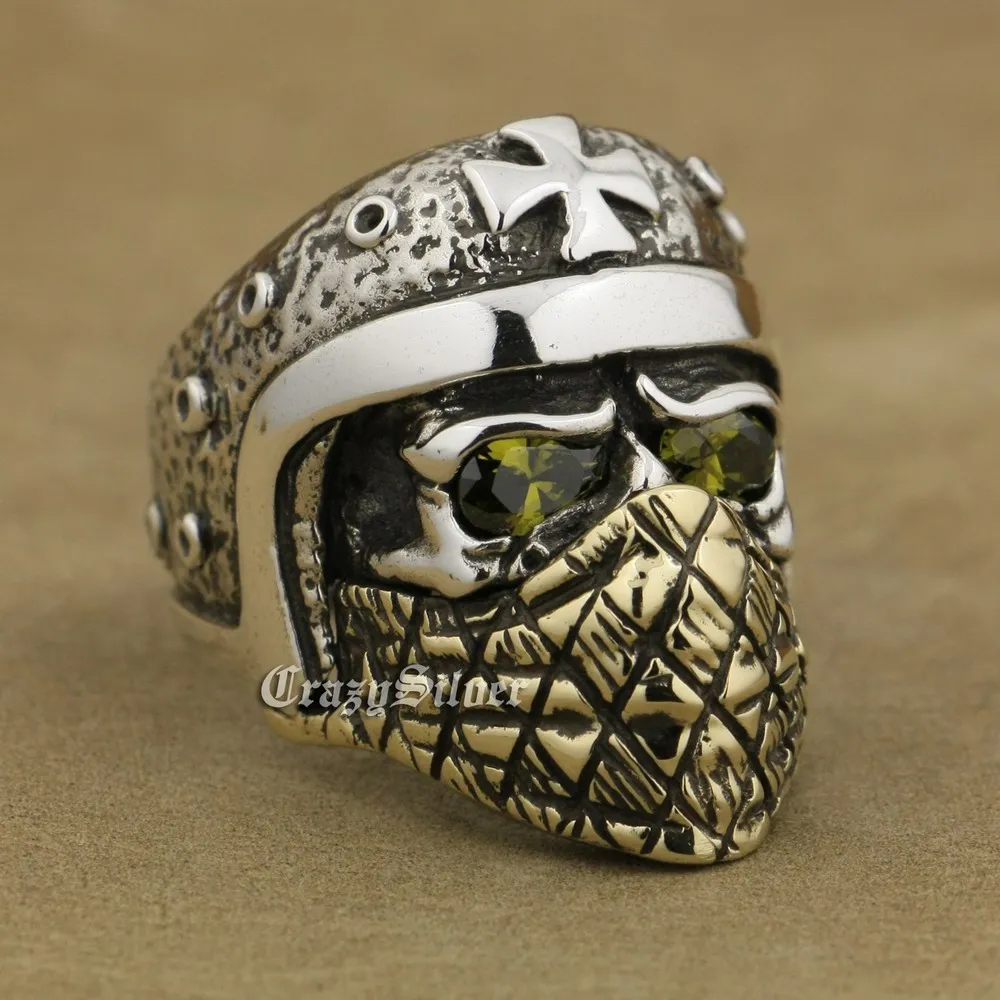 

925 Sterling Silver Motorcycle Helmet Skull Ring Olive Green CZ Brass Mask TA27A