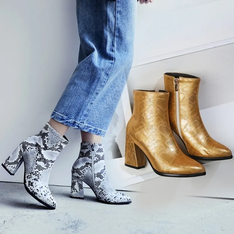 

US4-11 Women Pointed Toe Ankle Boots Snake Skin Pattern Block Chunky High Heel Side Zipper Warm Fleece Winter Shoes 5Colors Plus