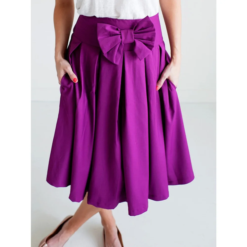 Women Purple Red Bowknot Waist Mid Skater Skirt 2016 Spring New Bow Tie