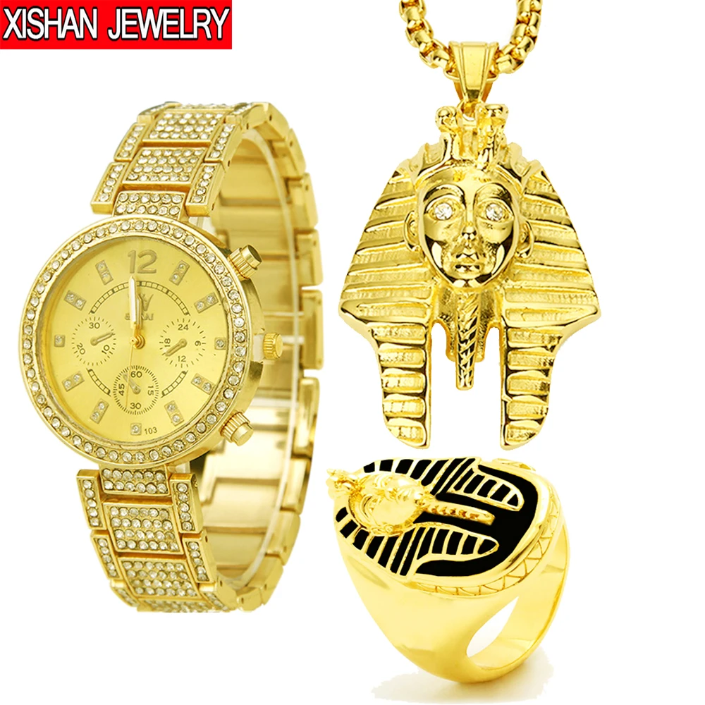 

Men Hip Hop Iced Out Lab Shiny Stones Watch & Pharaoh Necklace Pendant & Rings Combo Set