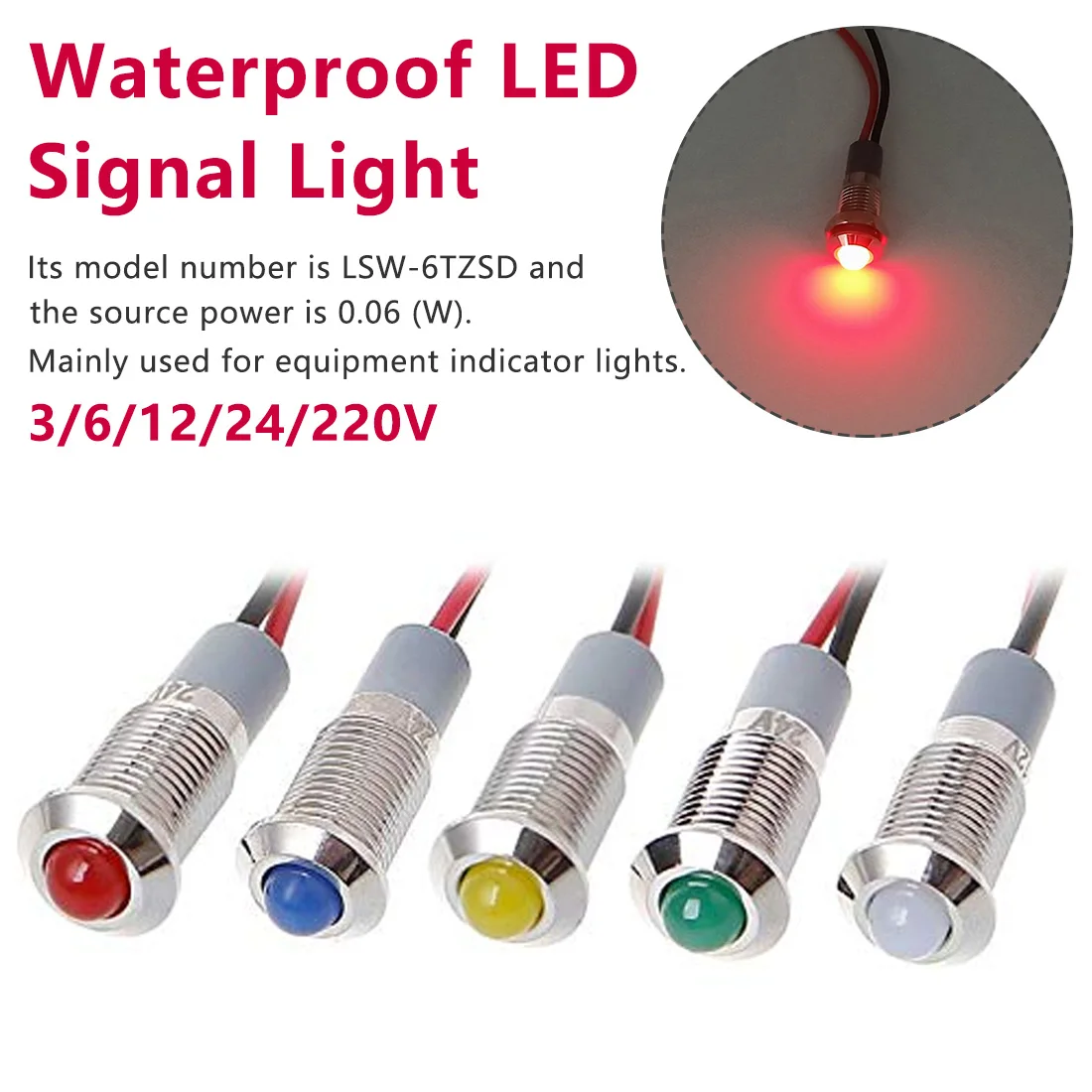 Водонепроницаемое металлическое монтажное отверстие 8 мм светодиодный Предупреждение ющий сигнальная светового Индикатора лампа Pilot Wire 3 V 6 V 12 V 24 V 220 V