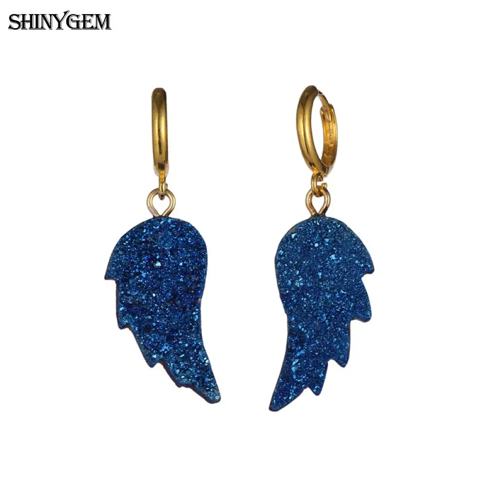 

ShinyGem Angel Wing Crystal Hoop Earrings Druzy Crystal Feather Wing Gold Plating Hoop Earrings Natural Stone Earrings For Women