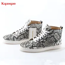 New Sapato Masculino Embossed Python Leather Spikes Studded Cool Men Casual Shoes Mens High-Top Lace Up Flats Trainers Men Shoes