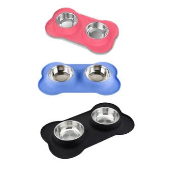 

Silicone Pet Dog Cat Puppy Travel Feeding Feeder Double Food Bowl Water Dish Dog Bone Shape X9223