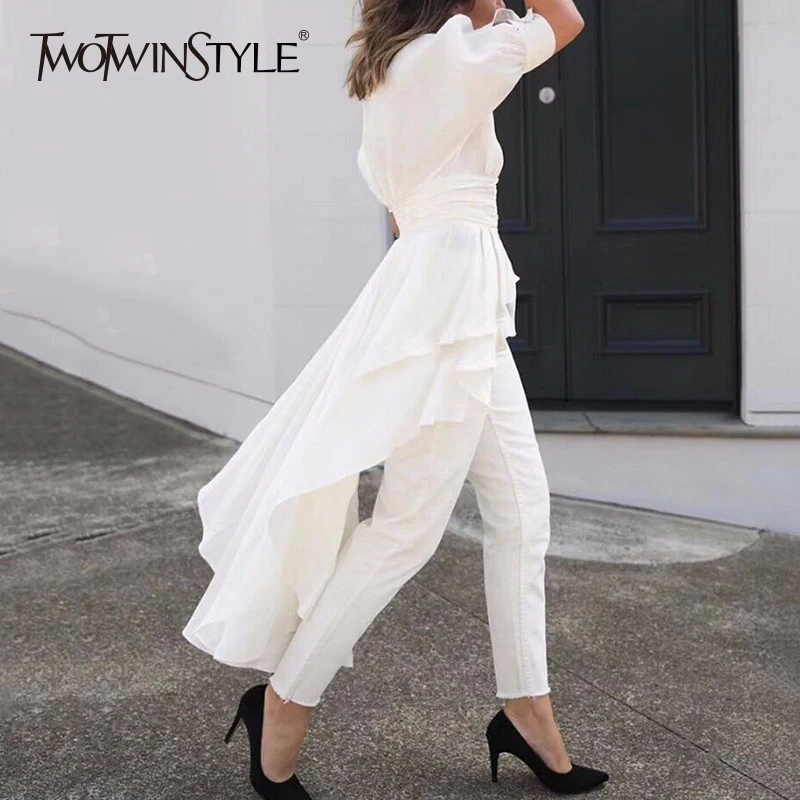TWOTWINSTYLE Asymmetrical Shirt For Women V Neck Tunic High Waist Ruffles Long Blouse 2020 Summer Fashion Elegant Clothing | Женская