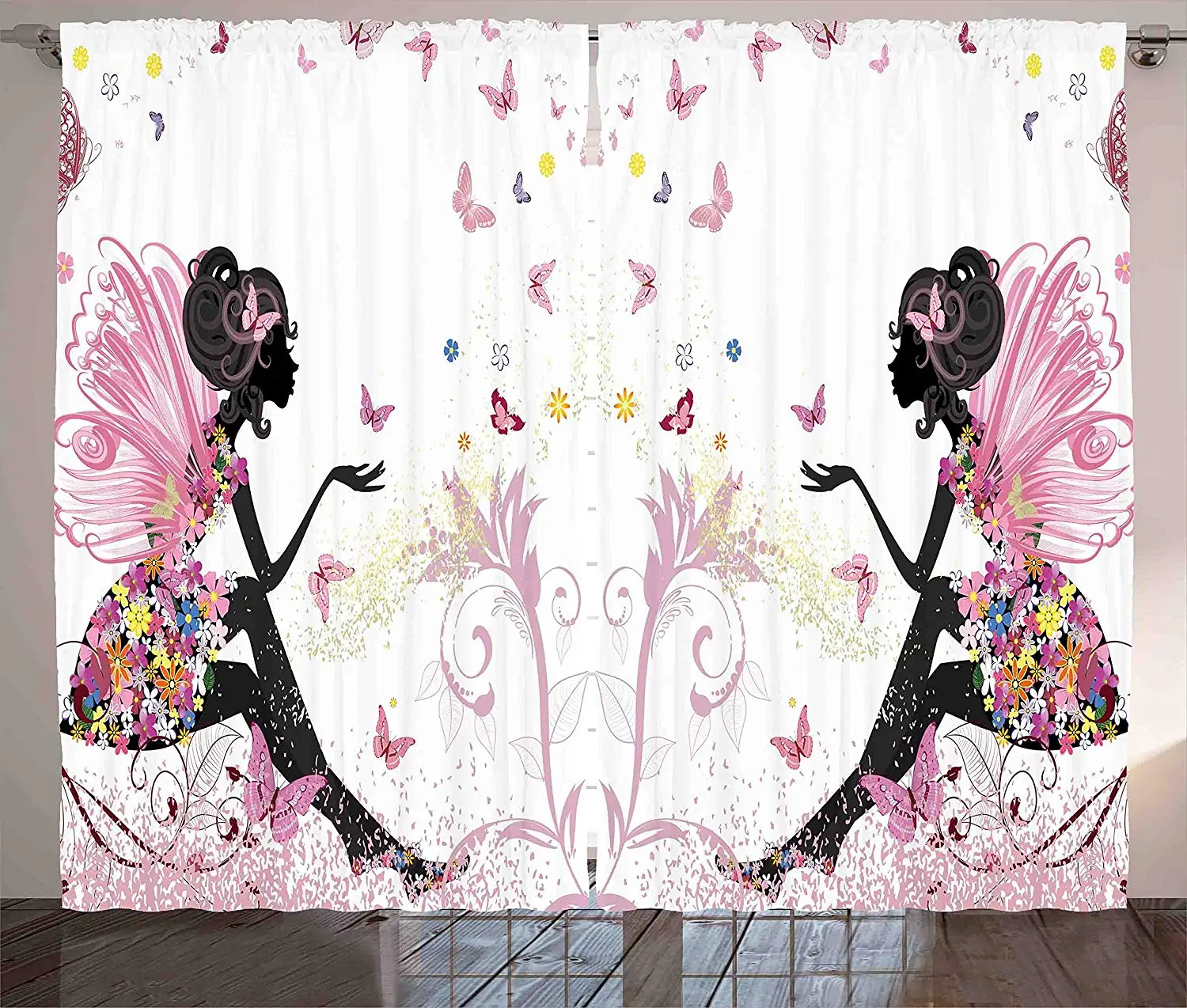 

Girls Window Curtains Fairy Girl with Wings in a Floral Dress Magical Fantasy Garden Flying Butterflies Living Room Bedroom