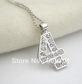 

10pcs a lot rhodium plating with Crystal number "4" Digital pendant necklaces