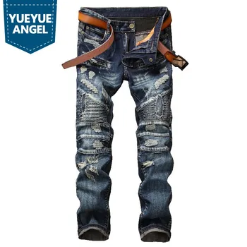 

Male Fashion Spring New Brand Distressed Patchwork Men's Jeans Full Length Straight Vintage Cowboy Pants Man Hip Hop Jean